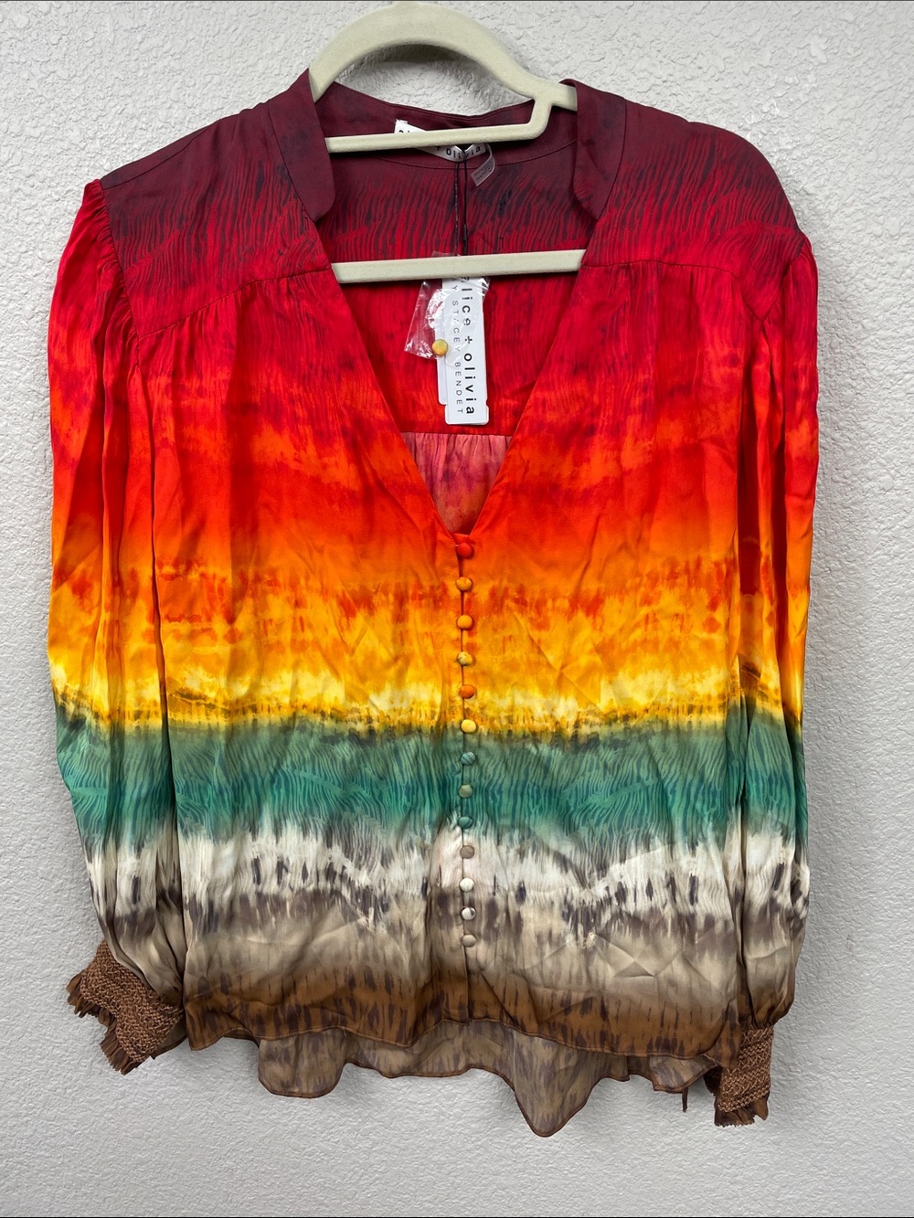NWT Alice + Olivia Serena Rainbow Tie dye Peasant Top Blouson Boho Colorful Sz L - Picture 7 of 14
